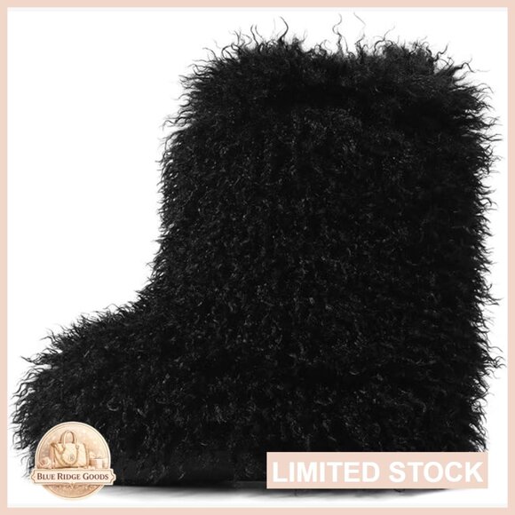 Faux Fur Mid Calf Boots Platform Slip On Cozy Winter Snow Booties Warm
